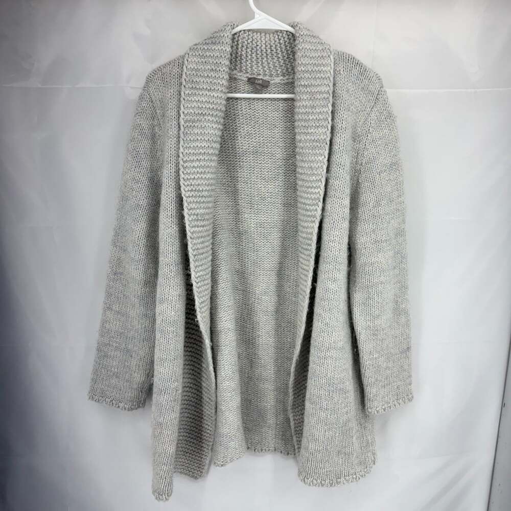 J Jill Women L Alpaca Cardigan Sweater Chunky Knit Open Front Gray Longline Soft